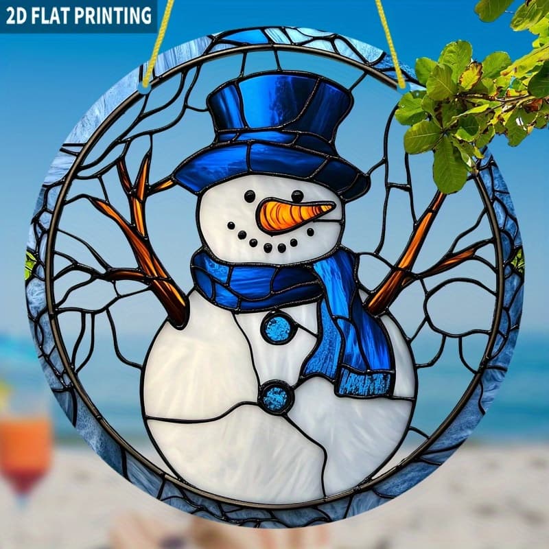 TEMU 2d Flat - A 2d Snowman Sun Catcher, Measuring 7.87x7.87 Inches, Featuring A Round Acrylic Design With Colorful Glass-style Windows, Perfect For Winter Decor And Festive Home Embellishments