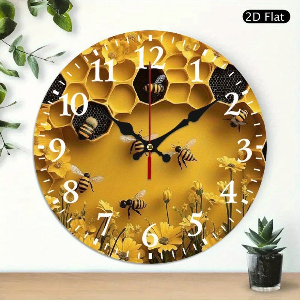 TEMU 10 Inch Wooden Wall Clock Suitable For - Silent Non-ticking Battery- Retro & Flower Print Round Wall Clock With Bee-themed Hands, Room Decor (battery Not Included), 2d Flat