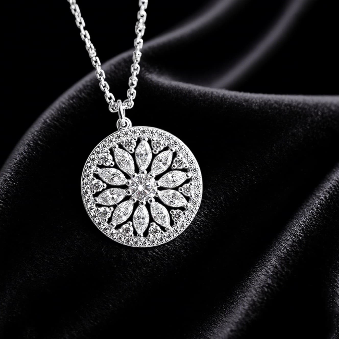 TEMU Elegant Flower Inlay Synthetic Zirconia Circle Pendant Necklace For Women Party Banquet Daily Luxury Temperament Necklace Jewelry ()