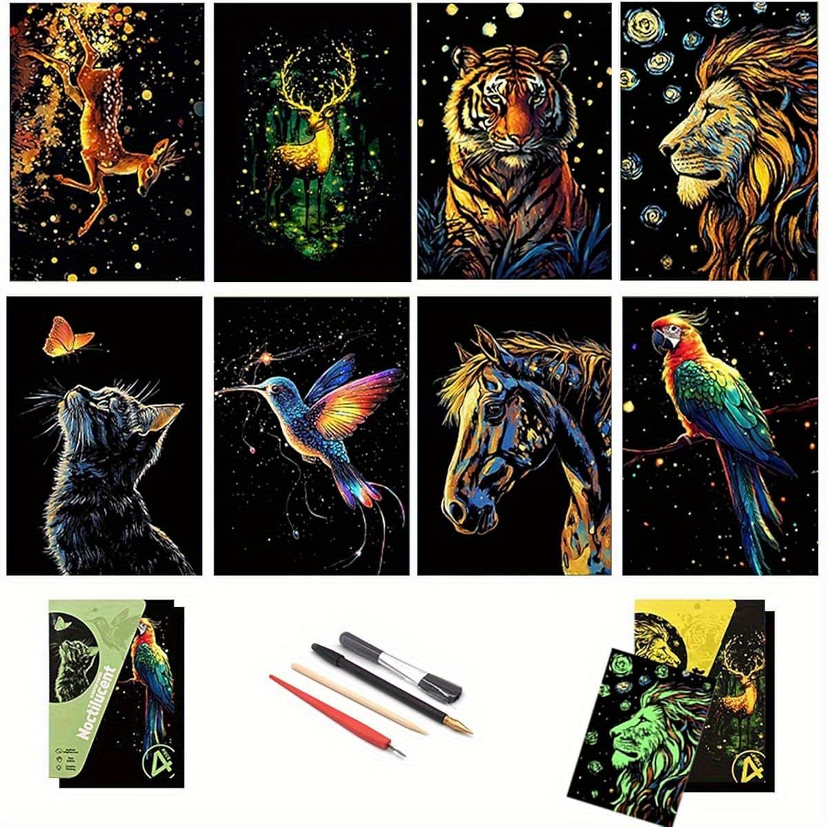 TEMU Art Paper, 8 Sheets Of -the-dark Art Paper With 4 Tools And Wooden Pens, Suitable For Teenagers And Adults To Diy -the-dark Crafts (lion & Parrot)