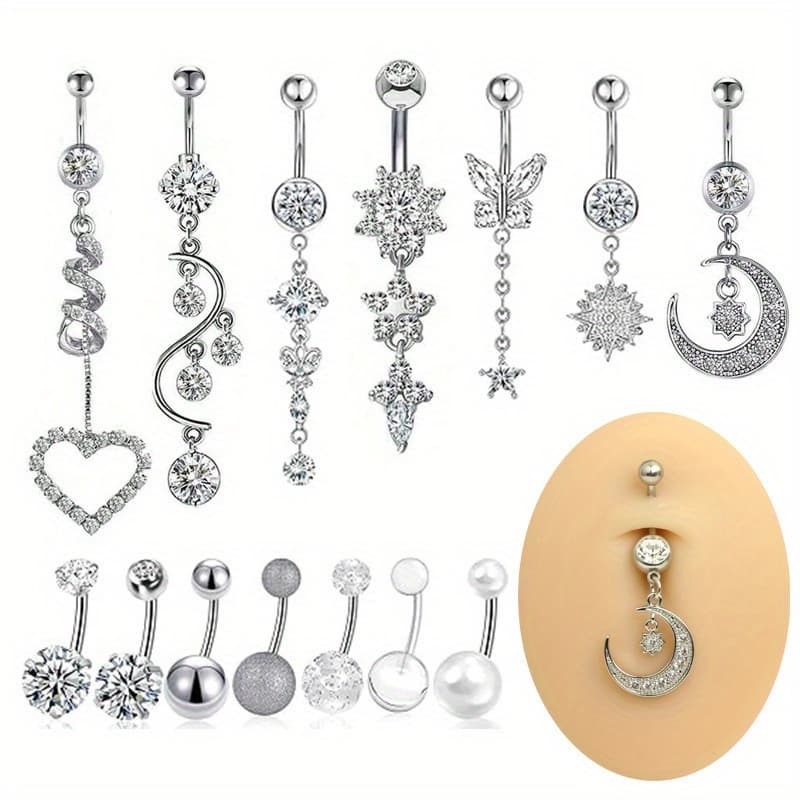 TEMU Set Of 14 Stainless Steel Navel Rings - Featuring A Design, 14g Long Dangle, Made With Synthetic Zirconia, Suitable For Casual And Sexy Outfits For Women