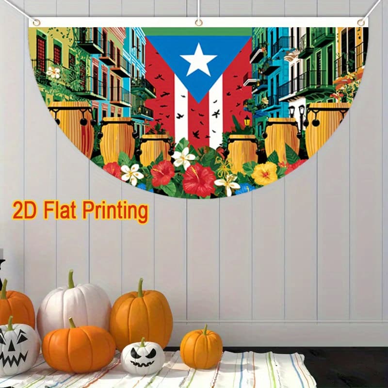 TEMU 2d Flat - 2d Flat - 1pc, Puerto , Featuring Flag And Floral Designs - A 2d Flat Semi-circular Garden Fence Decoration Flag Measuring 17.7x35.4 Inches, Suitable For Outdoor Lawn And Wall Decor