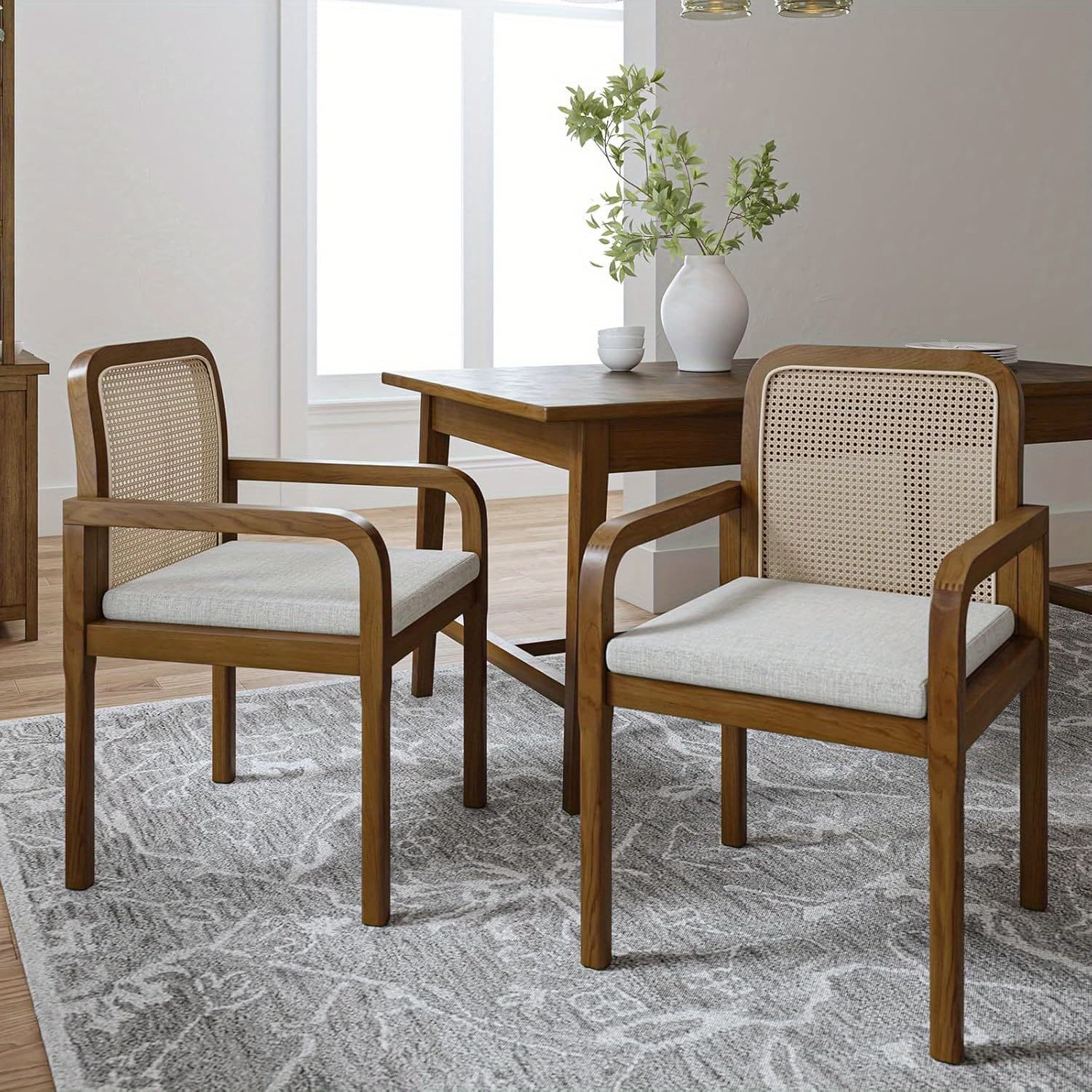 TEMU Rattan Backrest Dining Chairs With Removable Cushion, Linen Upholstery Dining Room Chairs With Solid Wood Legs (set Of 2) Cabin Seats
