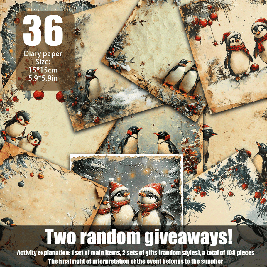 TEMU 3*36 Sheets Of Vintage Christmas Paper Penguin Decoration Decorative Paper, Paper Suitable For Rubbish Diary Background Decoration Handmade And