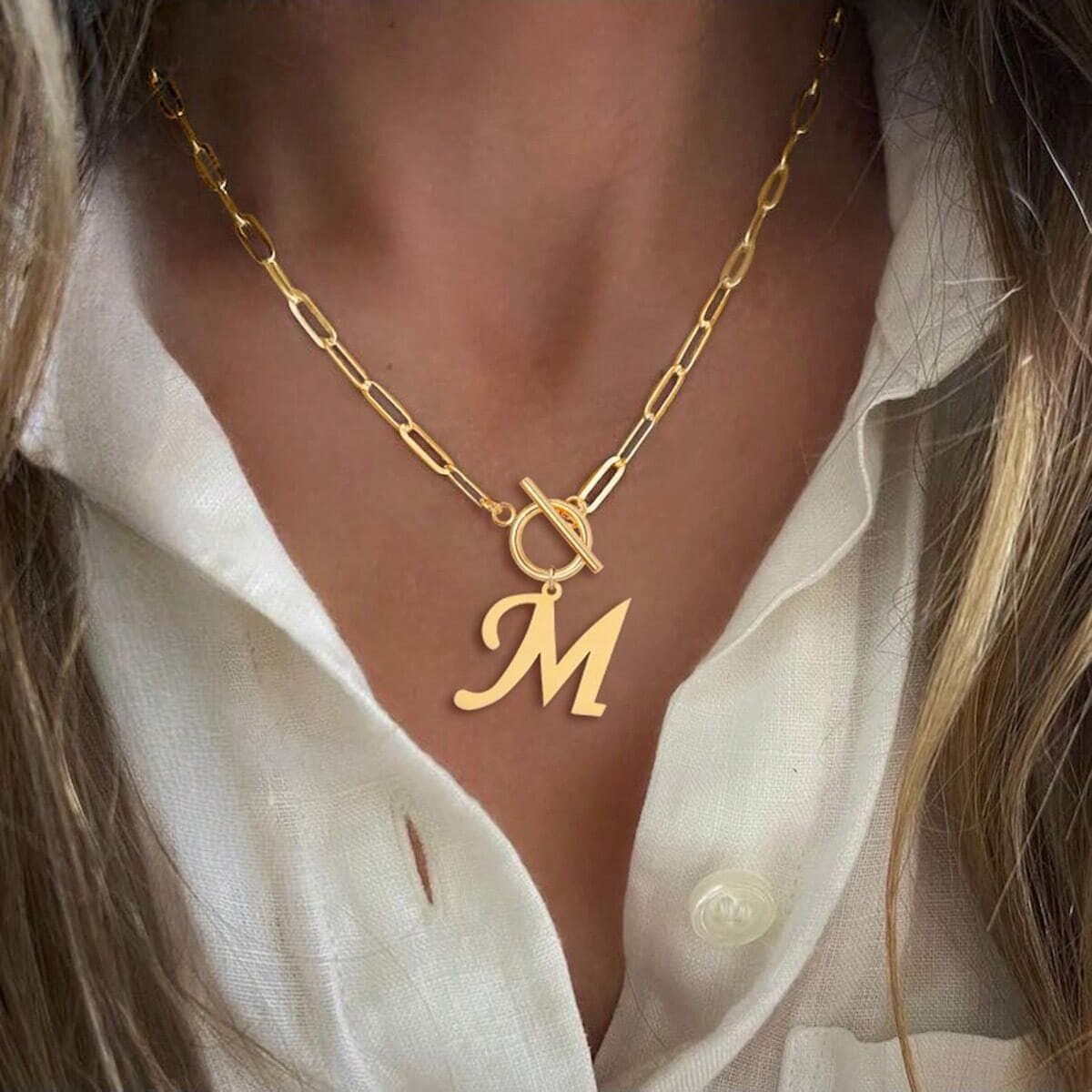TEMU 1pc Stylish Golden-tone Stainless Steel Initial Necklace With Paperclip Chain - Minimalist "m" Pendant For Casual Attire, Durable 201 Stainless Steel, Perfect For Casual Attire