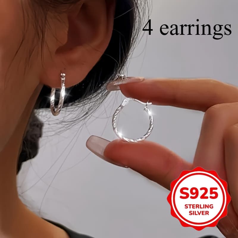 TEMU 4pcs 925 Silvery Round Earrings For Women, Easy Geometric Twist Round Earrings, Earrings Jewelry Is A Surprise Gift For Christmas Valentine's Day, With A Free Jewelry Bag