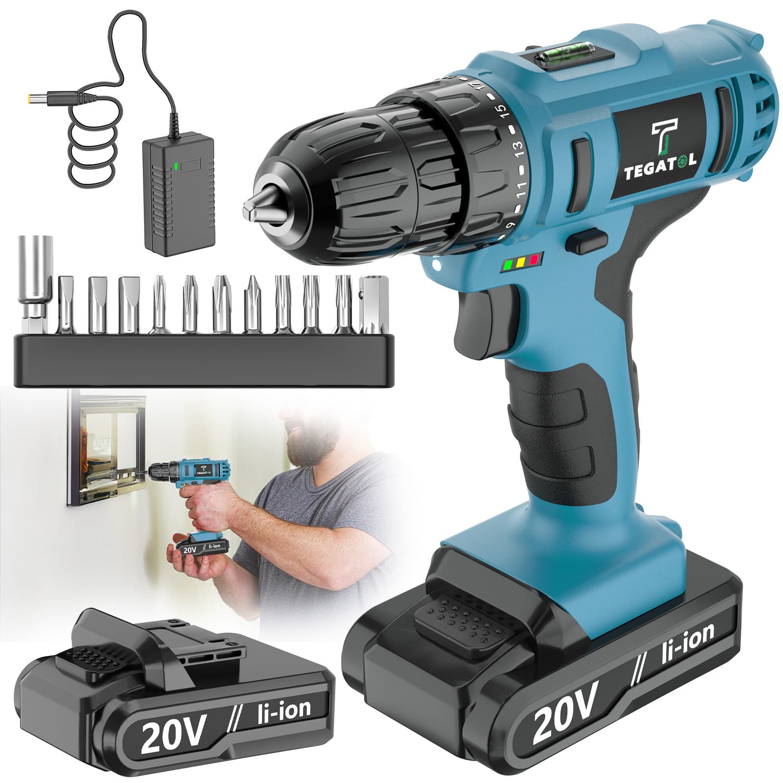 TEMU 20v Impact Drill Set, Torque 45nm, 18+3- Adjustment, Suitable For Drilling And Fastening , Suitable For Construction And Home Decoration, Suitable As A New Year's Gift Electric Drill, Power Tool