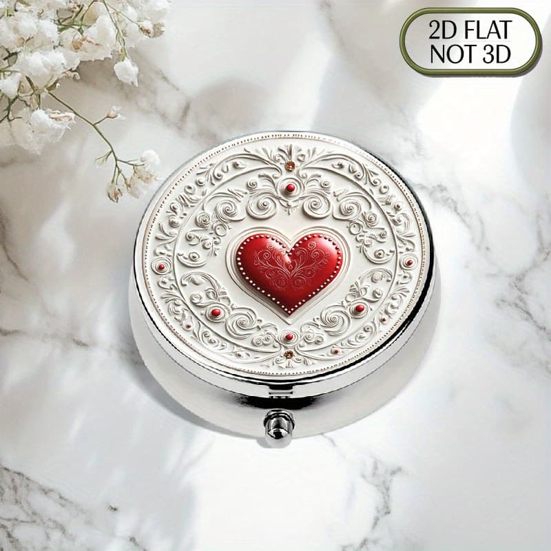 TEMU 1pc 2d Flat Portable Round Metal Pill Box Featuring A Vintage Valentine's Day Design With Heart Swirls And Dots Is For Organized Medication Storage Vitamin Preservation Or Storage Ideal For Gifts