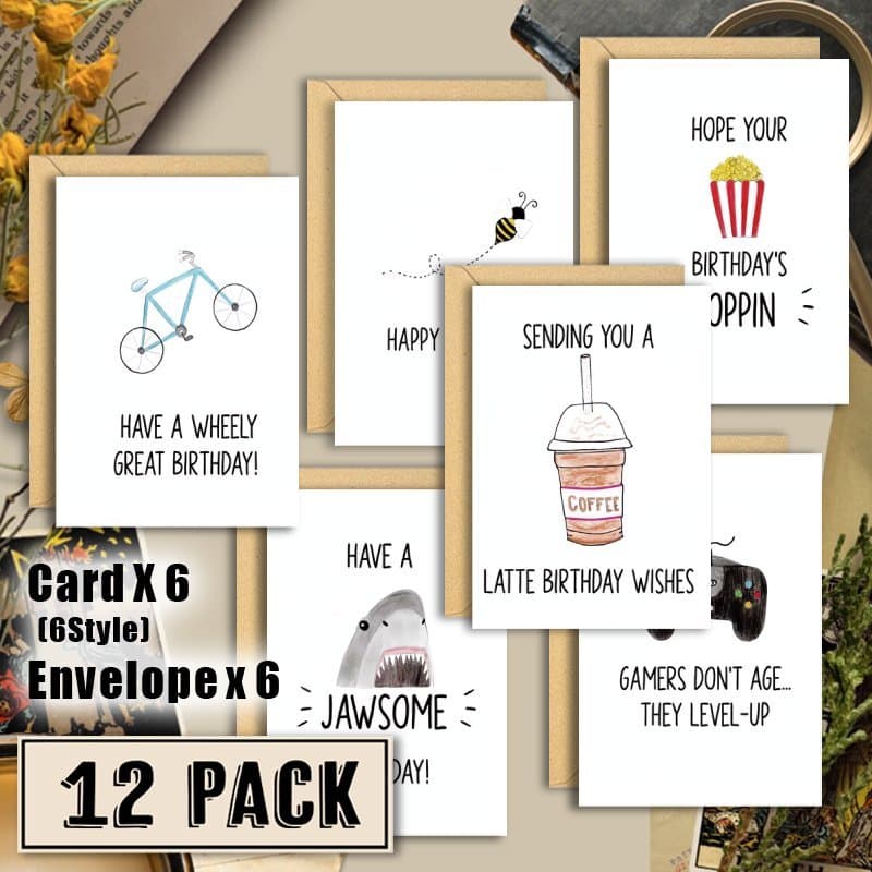 TEMU 12pcs Humorous Birthday Card Set With Envelopes, Watercolor Illustrations, Cards, 2.0 X 3.0 Inches, Golden Cardboard Cutout Decorations - Ideal For , For Birthday Cards