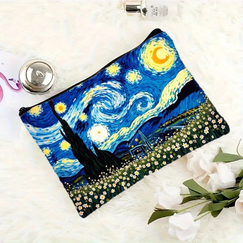 TEMU A Makeup Bag Featuring A Starry Night Design, Showcasing Van 's Famous Night Sky. This Durable Cosmetic Case Is Perfect For Artists And Fans, A Beautiful Container That Van