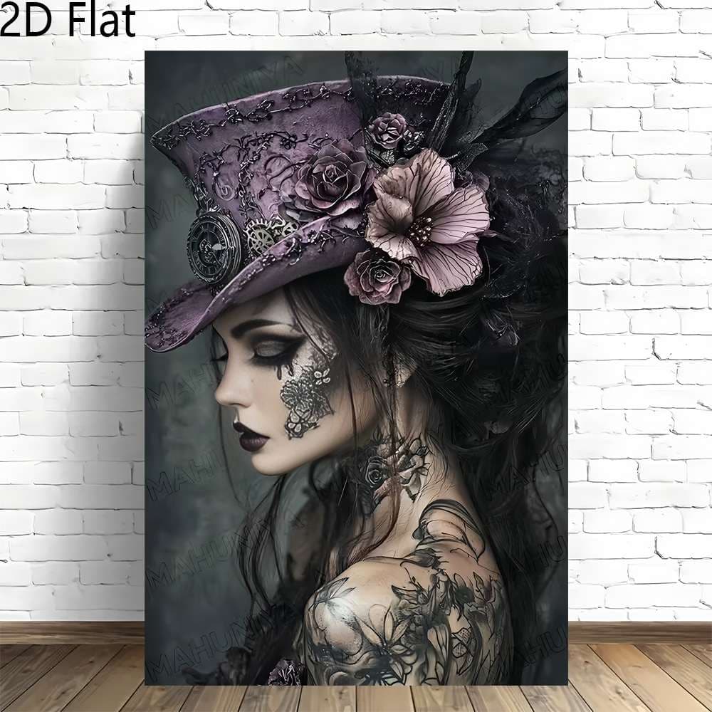 TEMU 2d Flat, 2d Flat, A 2d Decorative Painting Featuring A Vertical Gothic Lace Hat And Mechanical Jewelry Lady, Unframed Oil Painting - Vintage Wall Decor Suitable For Home, Office, Bar, Café