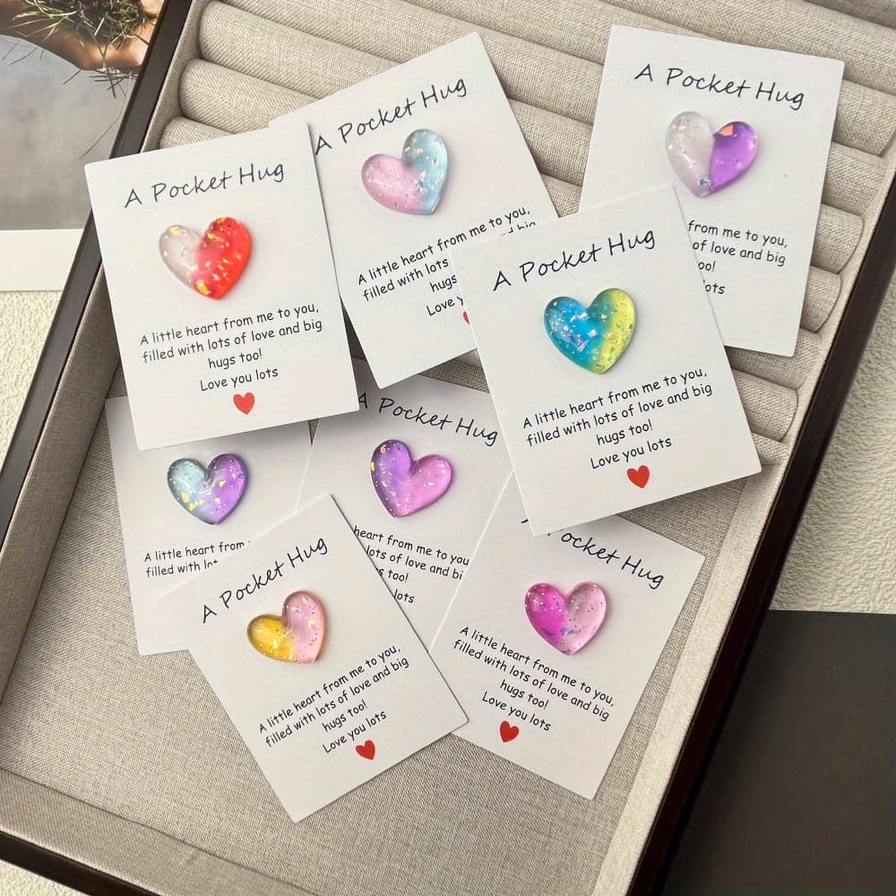 TEMU 8-pack Pocket Hug Gift Set With Encouragement Cards, Handheld Heart-shaped Resin Charms, Abs Material - Thoughtful Keepsakes For Family, ,