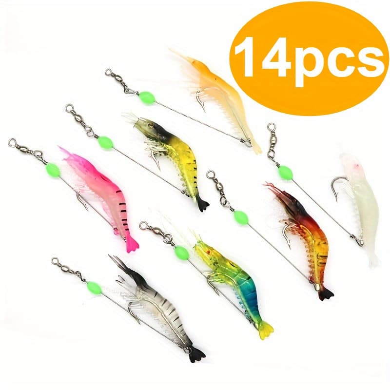 TEMU 14pcs Silicone Shrimp Fishing Lures - 3.15 Inch Realistic Design, & Anti- Hooks, Multicolor Lures For Night/day Fishing, Luminous Fishing Bait, Flexible Lure Material