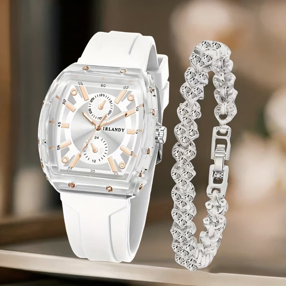 TEMU Set Of 2, Stylish Classic Quartz Watch For Women Featuring A Casual Square Design With A Digital Scale Dial And A Luxurious Heart Chain Bracelet, Use