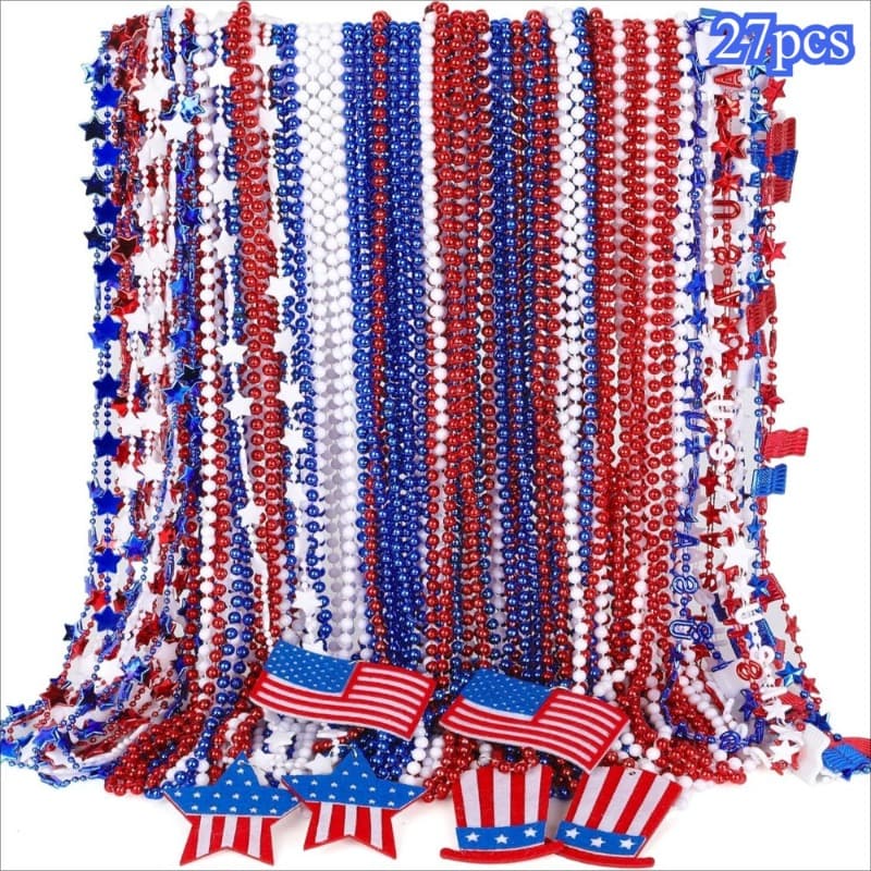 TEMU 27pcs Patriotic-themed Bead Necklace Set For July 4th. A For Large Collection Of Red, White, And Blue Bead Star And Letter String Necklaces With Pendant, Suitable For Day , Decoration Additions