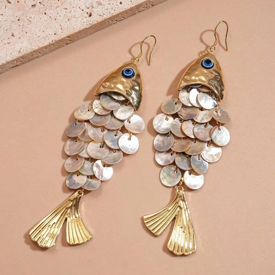 TEMU European And Creative Fish-shaped Shell Tassel Ear Hooks Beach Elegant High-end Earrings For Women
