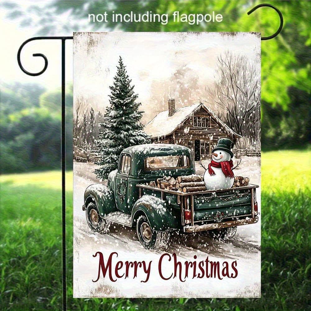 TEMU Double-sided Christmas Garden Flag Featuring A Vintage Truck And Snowman Cabin In A Winter Scene, Made Of Blend For Outdoor Holiday Decoration, Flagpole Not Included