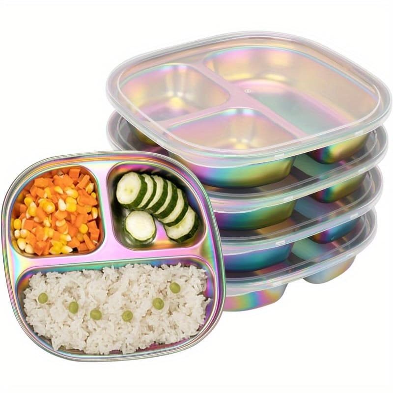 TEMU Colorful Stainless Steel Divided Plates, Set Of 4 Durable Metal Plates With Lids, Break-resistant Dining Trays, Colorful And , Suitable For Home, Travel, And Outdoor Use