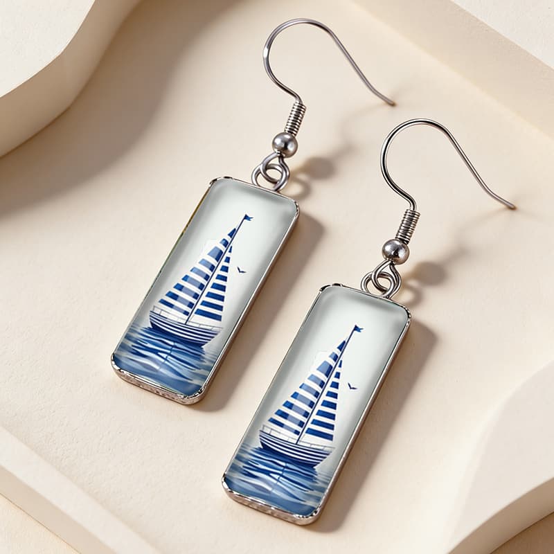 TEMU 1 Pair Handmade Glass Sailboat Earrings - Striped Nautical Dangle Earrings With Rectangular Pendant, Suitable For Daily Wear, Gift For Sailing Enthusiasts, Jewelry