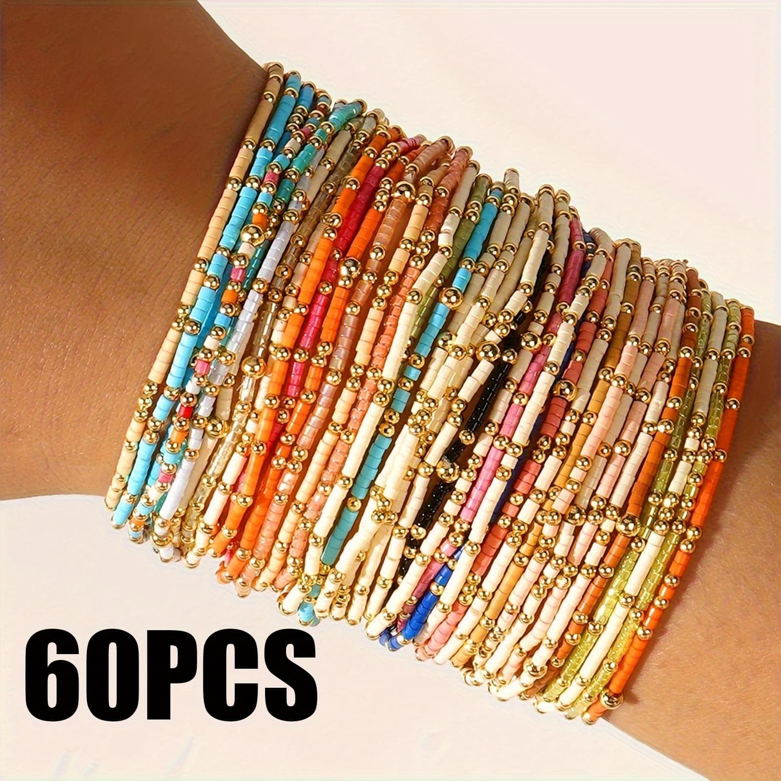 TEMU 60pcs Bohemian Multicolor Seed Beads & Golden Strand Elastic Bracelets For Women & - Multicolor Random Bead Colors (,,,,) - Making, Casual Attire, - Elastic Beadband