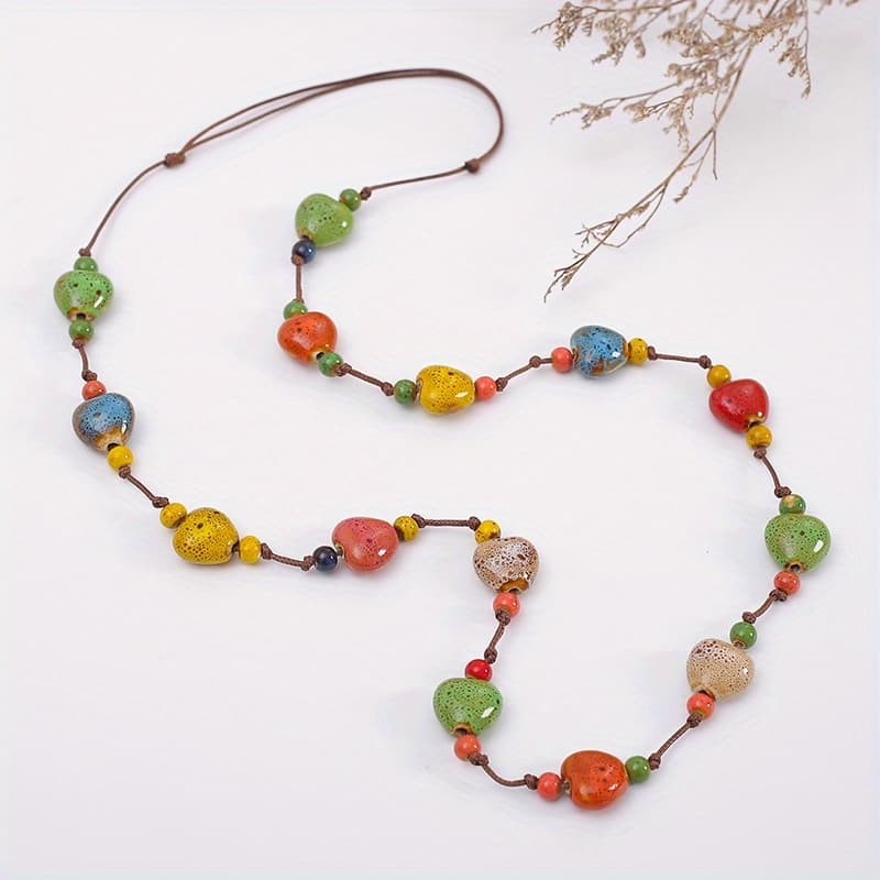 TEMU Vibrant Multicolored Ceramic Heart Bead Necklace With Twine Cord - Boho Chic Long Pendant Necklace For Women, Perfect For Casual Attire And Vacation