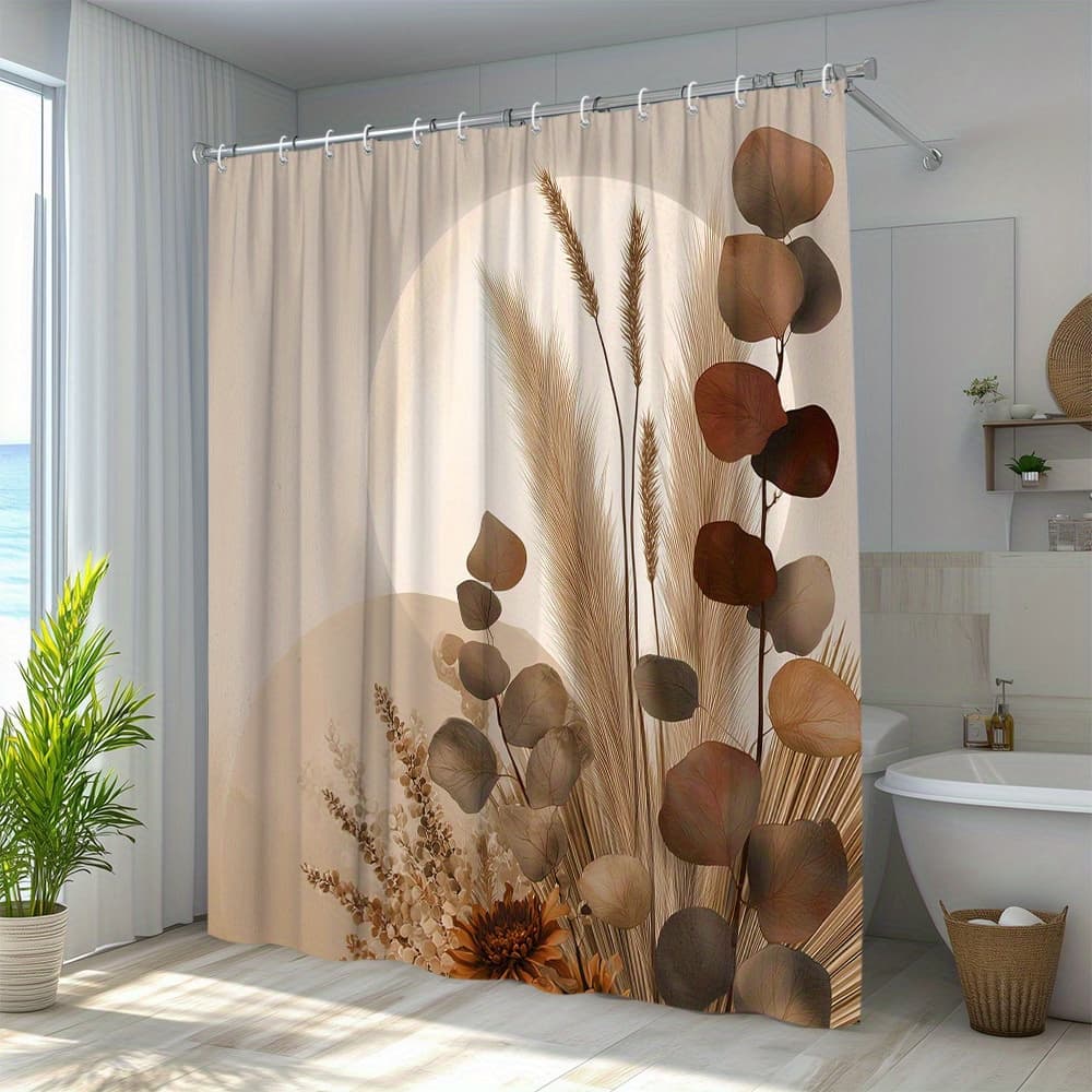 TEMU 1pc Natural Shower Curtain Landscape Floral Plant Sunshine Pattern Elegant Bathroom Decoration Polyester Fabric Contains 12 Hooks 70.8x70.8 Inch