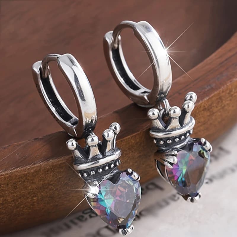 TEMU 1 Pair Fashion Crown Hoop Earrings Retro Sparkling Colorful Zirconia Heart Shaped Earrings For Women Vacation Jewelry