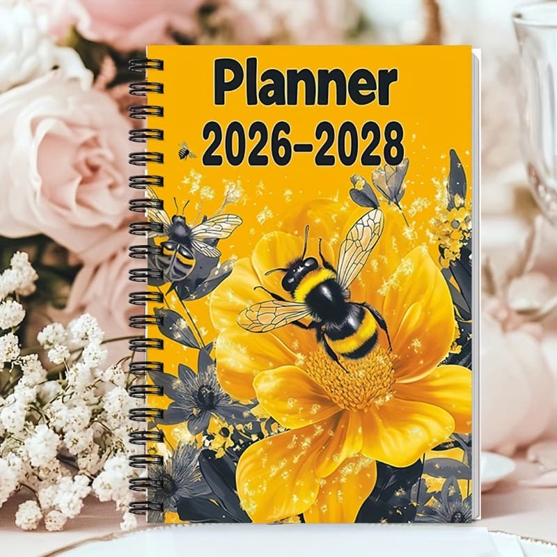 TEMU 1pc Cute Bee And A5 Spiral-bound Planner | 2026-2028 Academic And Professional Calendar With Birthday Reminders - Ideal For Teachers, Students, Office, Home
