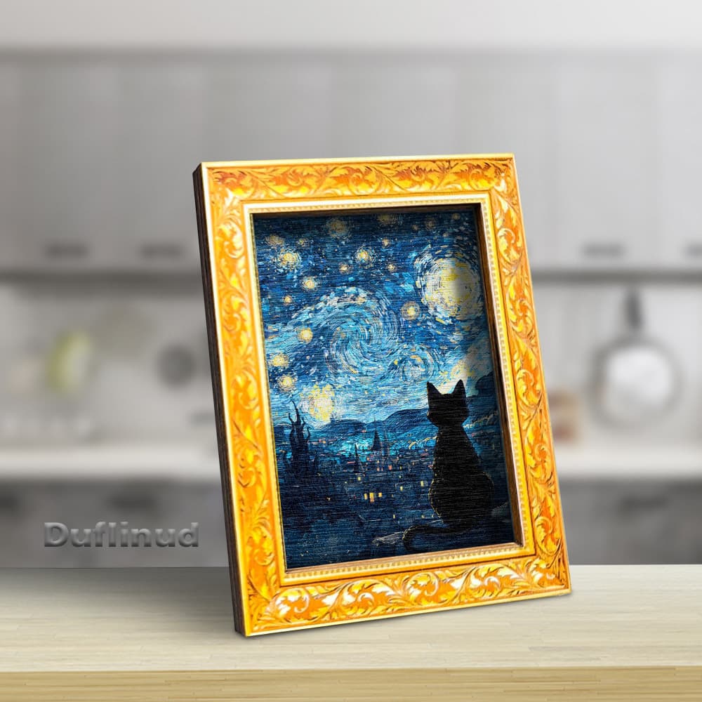 TEMU 1 Wooden Night Refrigerator Magnet, Mini Decorative Art, Van Starry , Cute Black Cat Gazing At The Stars, Wooden Fridge Magnet, Kitchen Decoration, Creative Gift, Back Is Full Of Magnets