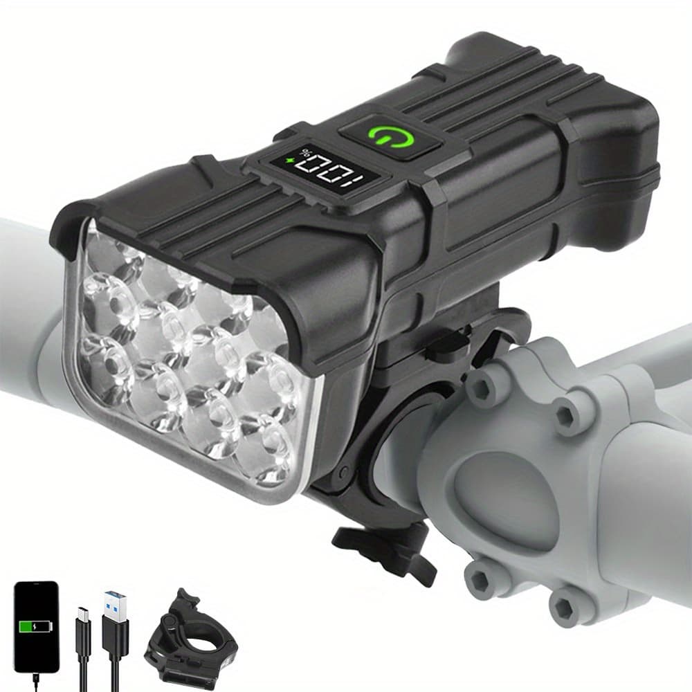 TEMU 1pc 12 Led Rechargeable Bicycle Light Power Bank Function Usb Charging Handlebar Flashlight Bright For Mountain And Road Bikes 360 Degree Rotation Holder