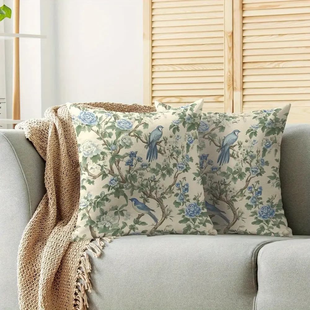 TEMU 2pcs Chinoiserie Sage Blue Green Floral Pillow Covers 18x18 Set Of 2, Flower Bird Pattern Sage Cream Decorative Throw Pillow Covers Outdoor Cushion Cases Couch Sofa Bed Decor