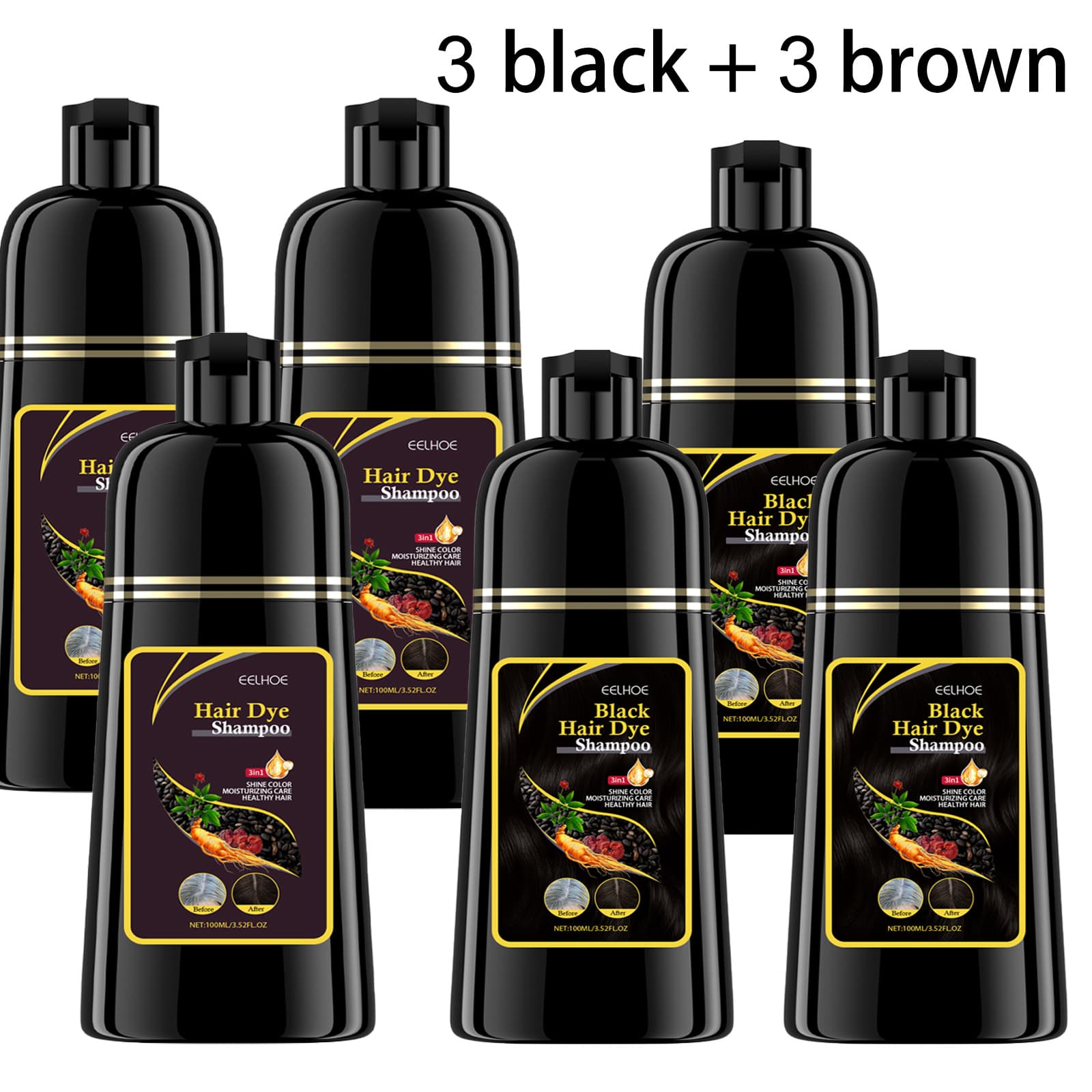 TEMU 6pcs Set Of Black/brown Cooling Shampoo Suitable For Long Hair, 3-in-1 Shampoo, Conditioner And Cooling Shampoo, Unisex Natural Hair Dye Shampoo, Halloween, Christmas Gift