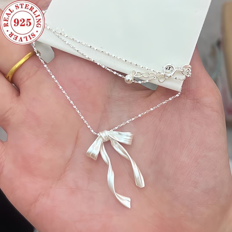 TEMU Exquisite Handmade S925 Pure Silvery Brushed Ribbon Bow Necklace, And Flexibly Designed, Cool And Cute, Luxurious Christmas Gift Niche Necklace Chain