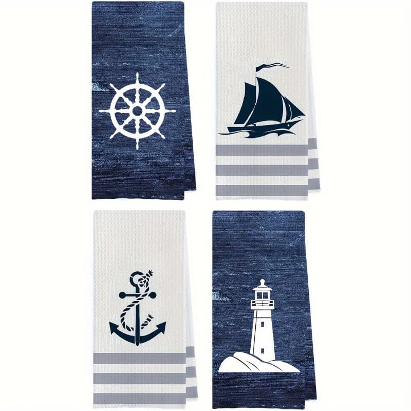 TEMU 4pcs Nautical Style Hand Towels - Quick-dry Microfiber, Soft Absorbent, , With Sailboat, Anchor And , Coastal Bathroom Decor, White Striped Trim, 18x26 Inches, , Maritime Decor