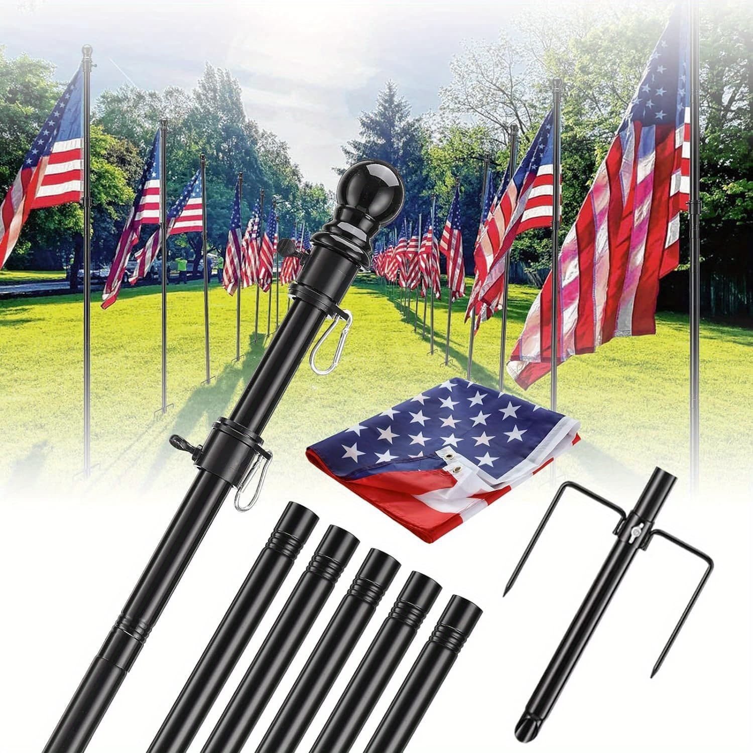 TEMU Flag Poles For Ground - 98 Inch Non- Heavy-duty Flagpole Kit With Dual Anti-tip Prongs, Portable Ground Flag Stand With 3x5 American Flag, Ideal For House And Outdoor Camping, Courtyard, Garden