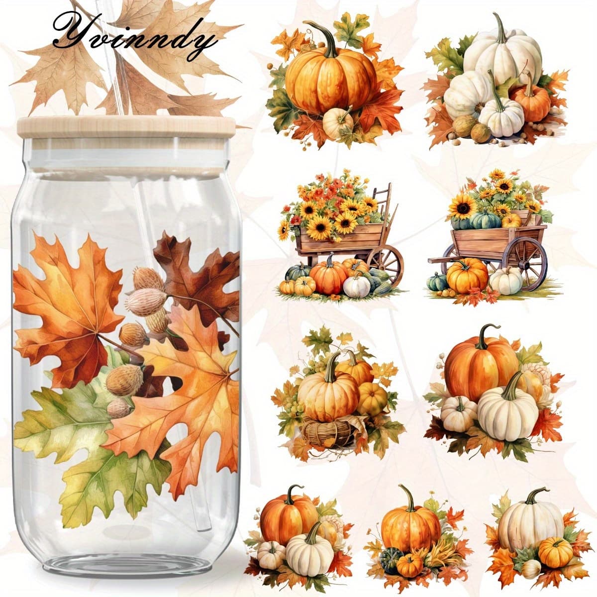 TEMU 5pcs Autumn Pumpkin Pattern 16oz Glass Jar Transfer Paper Set, Uv Dtf High- Transfer Paper For Cup And Bottle Decoration ( , Cup Not Included)