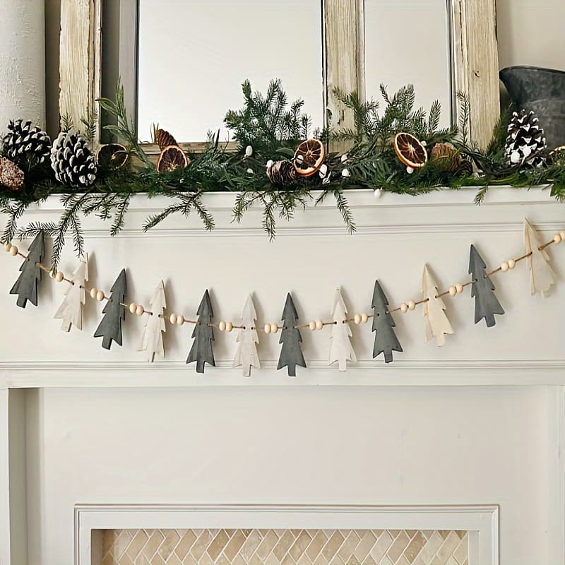 TEMU 2d12 Inch Flat Wooden Wreath With Tree & Beads - Rustic Christmas Fireplace Mantel Decor, No Electricity Needed, Easy To Hang Holiday Decoration For Home, 2d Flat, Christmas Decor