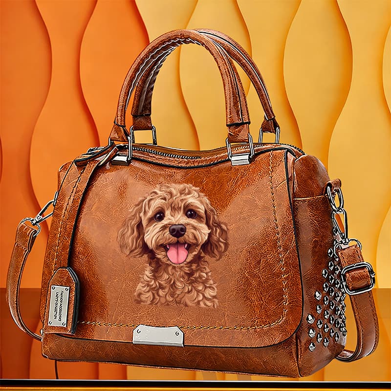 TEMU 1pc Women's Poodle Dog Print Satchel Bag - Retro Poodle-themed Handbag With Rivet Top Handle, Crossbody/shoulder Bag Suitable For Daily Commute & Travel, Zipper Closure, /, Hand Washable Material