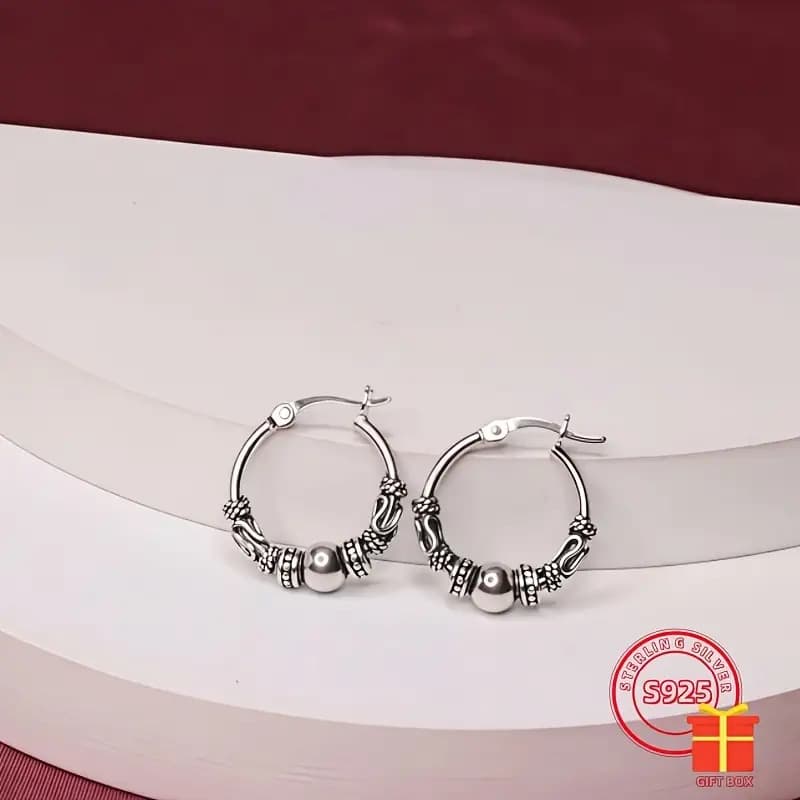 TEMU A Pair Of Vintage-style Women's Earrings, 2.8g S925 Silver, Featuring A Bali Hoop Design With Beaded Accents, Hypoallergenic And Perfect For Daily Wear As A Gift