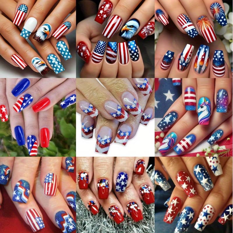TEMU 216pcs Press On Nails - Medium Coffin Acrylic Fake Nails, Full Cover Glossy Finish For Women, Patriotic Manicure Nail Art (9pcs), Festive Nail Designs, Festive Patterns, Design