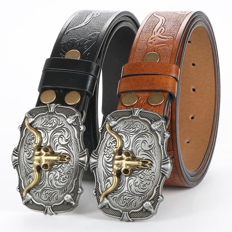 TEMU 2pcs Men's Western Cowboy Faux Leather Belts With Bull | Durable Embossed In - Perfect For Western Events, Parties & Gifts | Brand: Versdo, Material: Alloy Golden