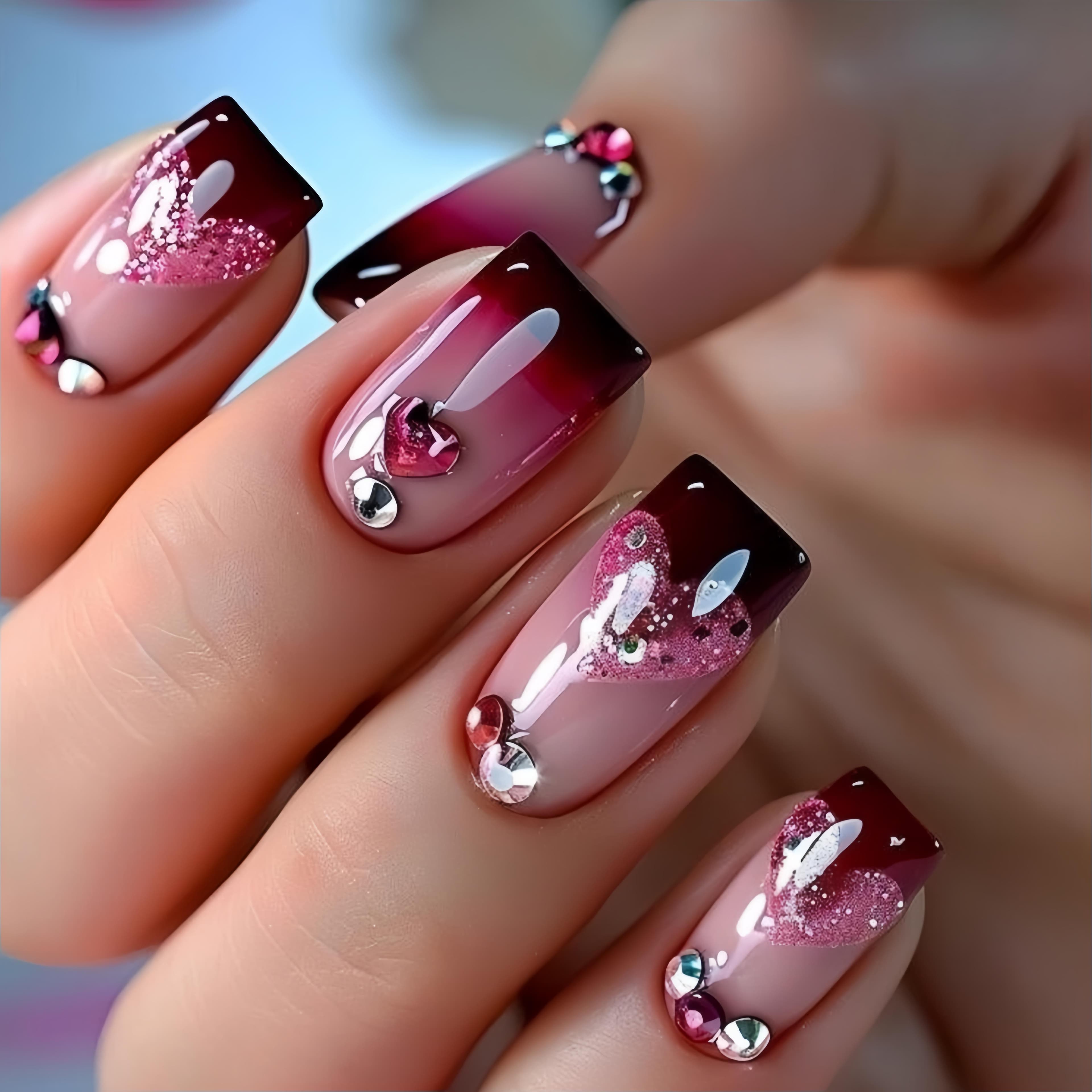 TEMU 24pcs Red Gradient Glitter Nails, Valentine's Day Nails, Removable Fake Nails, Holiday Nails, Press-on Nails, High-quality Artificial Nails