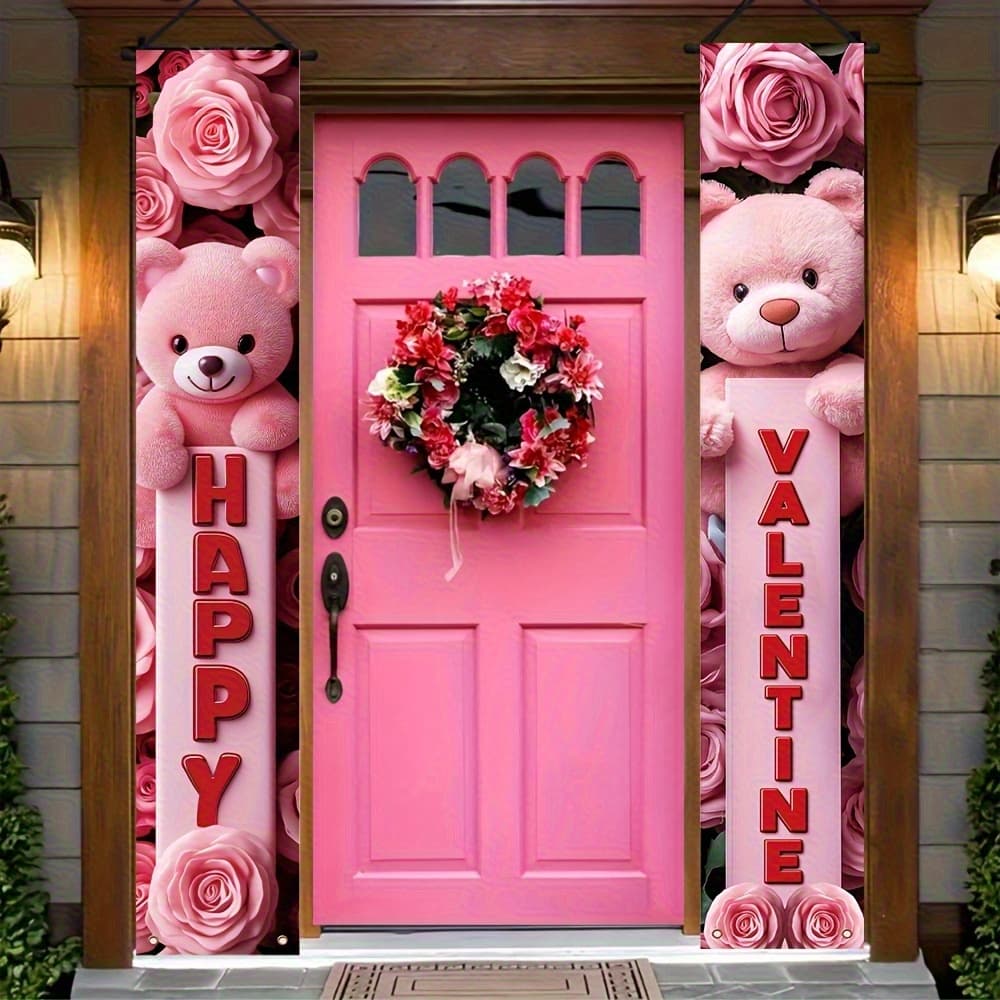 TEMU A Set Of Valentine's Day Door Decor Featuring A Bear And A Rose Banner, Displaying The Words 'happy Valentine' In . Made From Durable Polyester Fabric