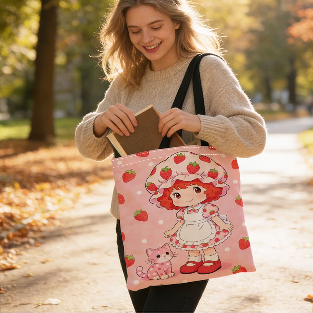 TEMU Strawberry And Pink Cat Cute Printed Tote Bag - Durable Fixed Shoulder Strap, Women' Shopping Fashion Hand Wash Bag, Sturdy Construction, Christmas, Halloween, New Year Gift, Birthday Present