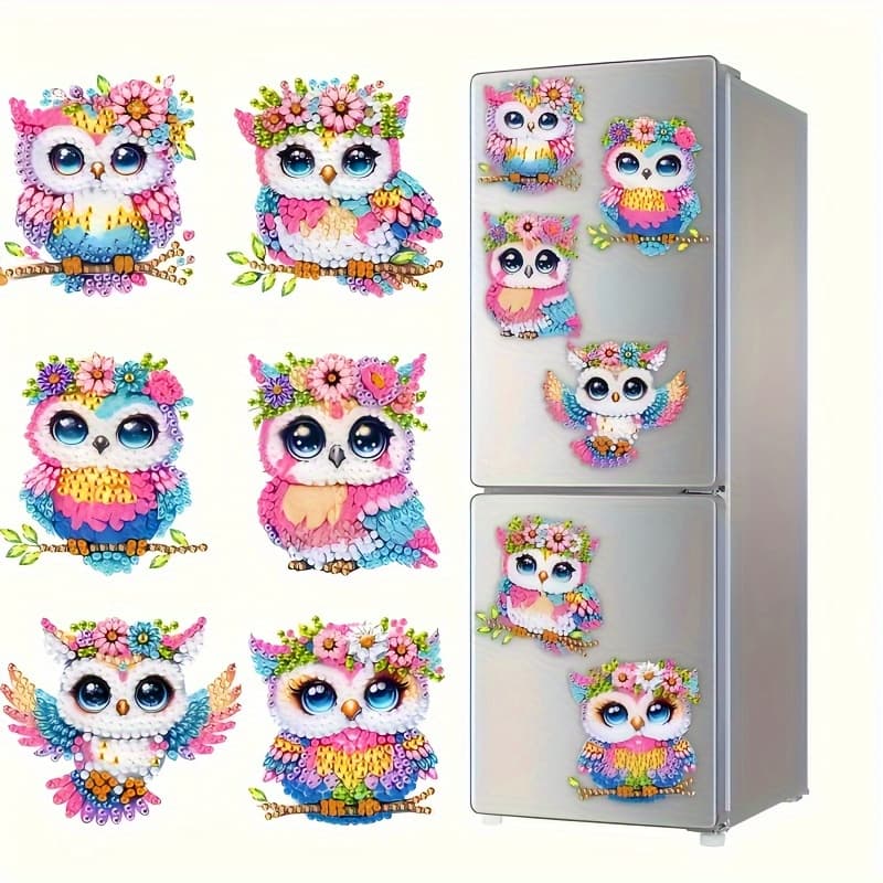 TEMU 2d/flat, 6pcs Owl Diamond Painting Fridge Magnets, Christmas Gift, Beginner-friendly Refrigerator Decoration, Ideal Holiday Ornament