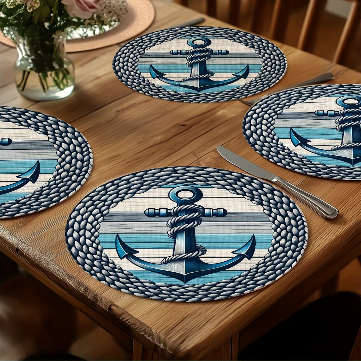TEMU 4pcs Vintage Nautical Anchor Placemats, Navy Blue, Round With Rope Detail, Hand Washable - Ideal For Dining Decor, Nautical Theme Decoration Material, 15x15 Inches