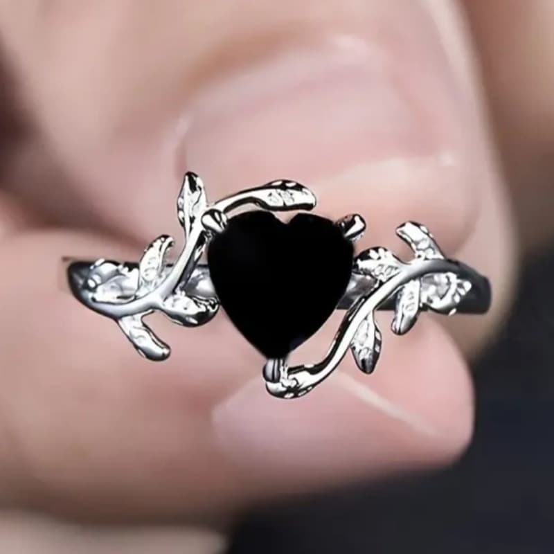 TEMU Simple Inlay Heart Shaped Black Synthetic Zirconia Leaf Shaped Rings For Women Daily Casual Party Proposal Engagement Wedding Ring Gift