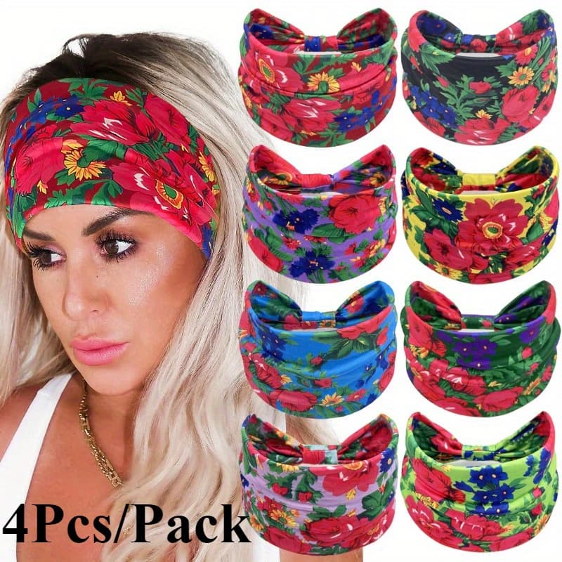 TEMU 4pcs/ Pack Bohemian Ethnic Style Colorful Flower Print Sports Headband, Wide Edge Knotted Elastic Sweat Absorbing Hair Accessory, Versatile Daily Casual Sports Outfit Headwear