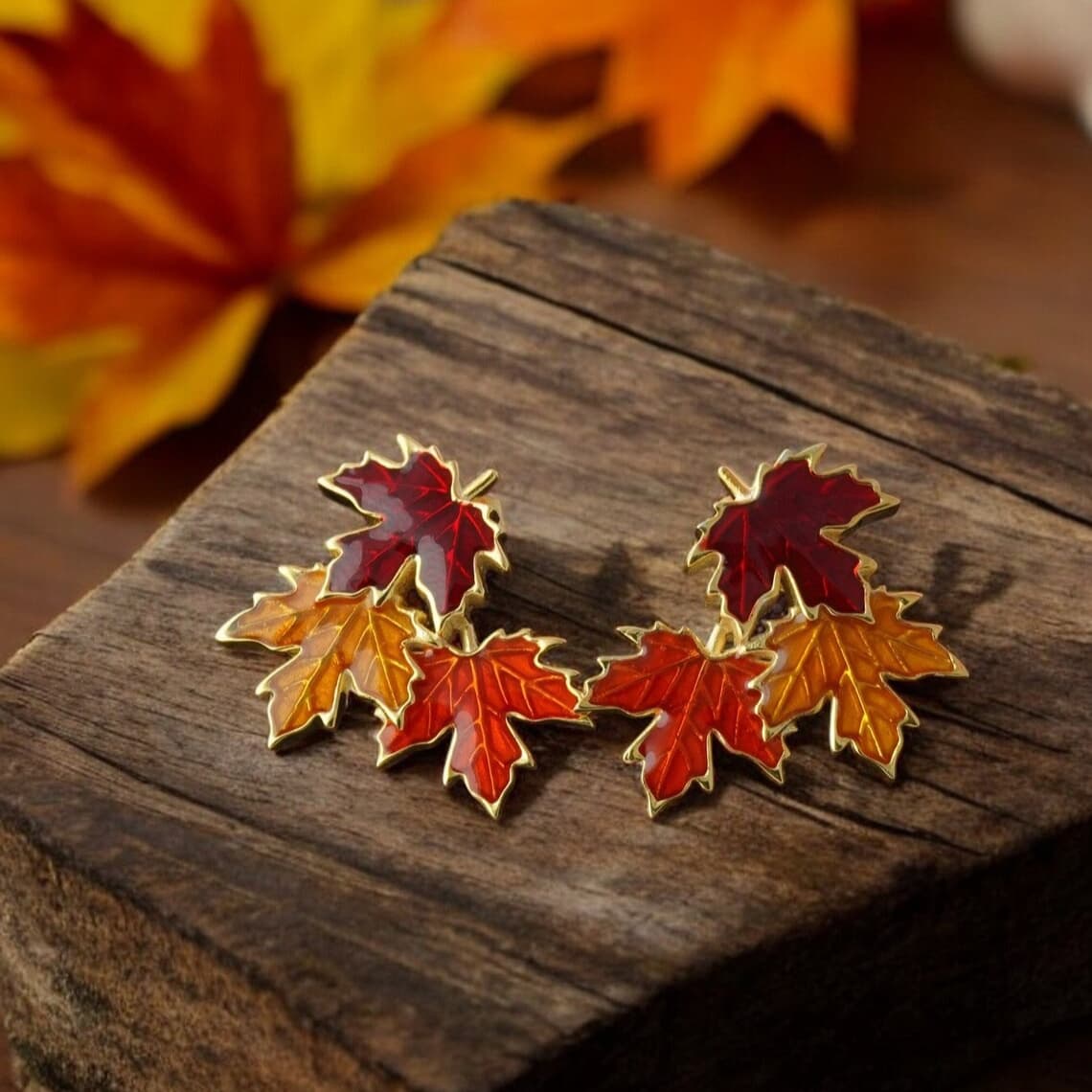 TEMU 2pcs Women's Colorful Maple Leaf Style Autumn Atmosphere Enamel Maple Leaf Earrings Elegant Dressing And Accessories Perfect Anniversary Gift