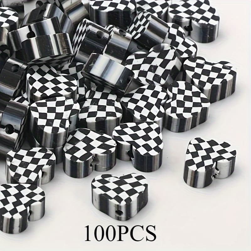 TEMU 100 Chic Black And White Checkered Heart-shaped Polymer Clay Beads - Perfect For Diy Valentine's Day Bracelets And Necklaces, Simple And Versatile Style, Of Jewelry Making